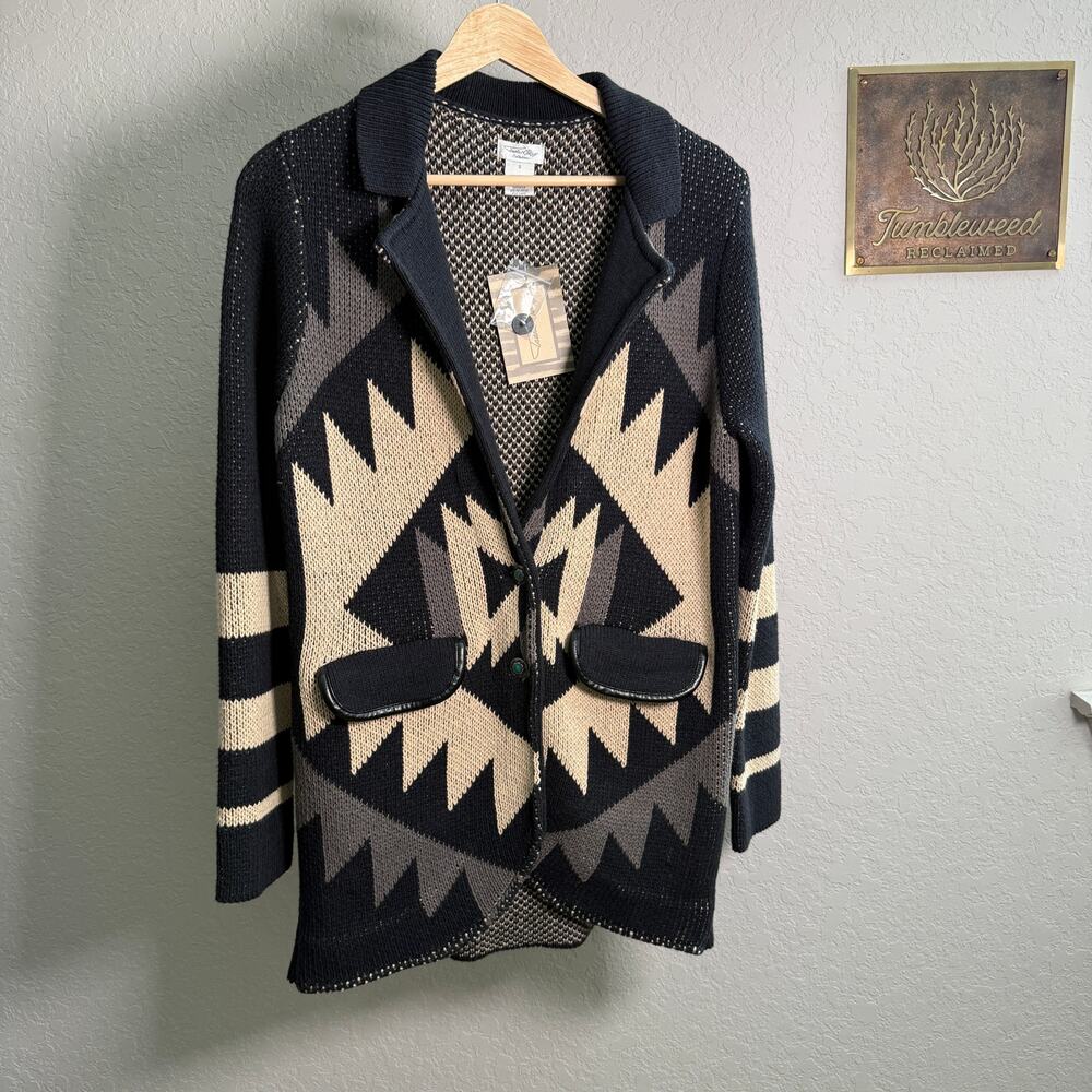 Women's Tasha Polizzi Black Gray‎ Cream Aztec Button Front Cardigan Size S NEW